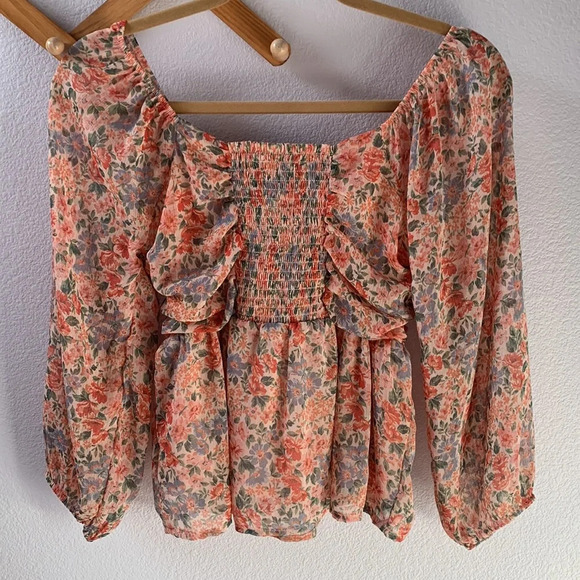 American Eagle Baby Doll Floral boho ruched multi color Top XS - Picture 6 of 6